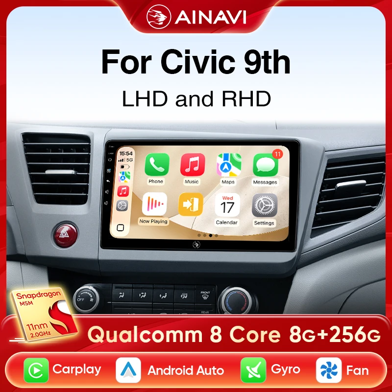 

Автомобильная стереосистема Ainavi, мультимедийная беспроводная Carplay Android Auto для Honda Civic 9, 2012 2013, 2014, 2015, 2 din GPS DSP