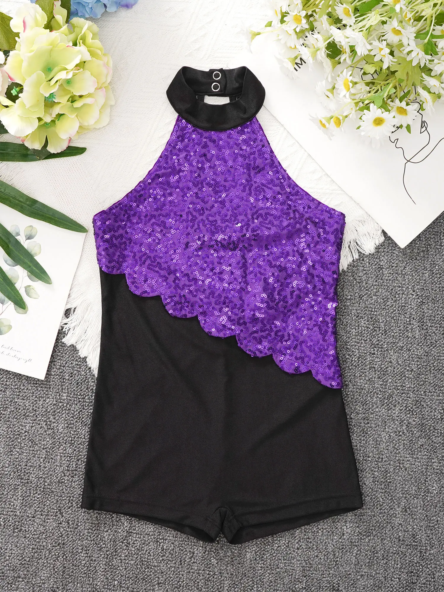 Купальник с лямкой на шее для джазовых танцев для девочек, короткий комбинезон с блестками, детская танцевальная одежда, От 4 до 16 лет, детские костюмы для латинских танцев с блестками