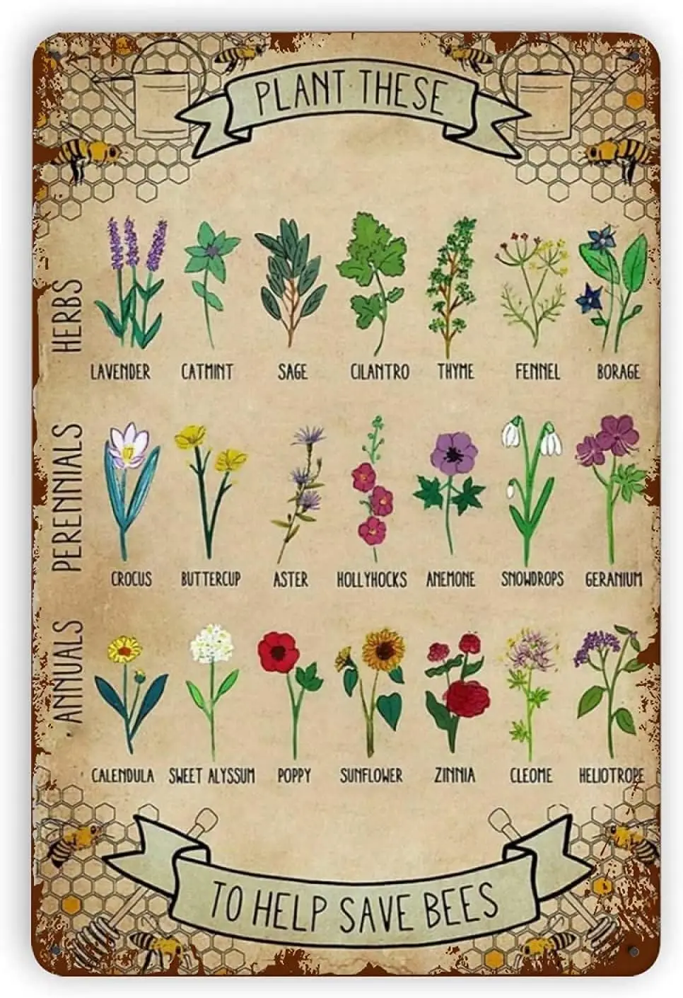 Metalowy Znak Rośliny Te Pomogą Ochronić Pszczoły Śmieszny Retro Vintage Aluminiowy Znak do Domu Ogrodu Kawy Dekoracja Ścienna Metalowa Tabliczka