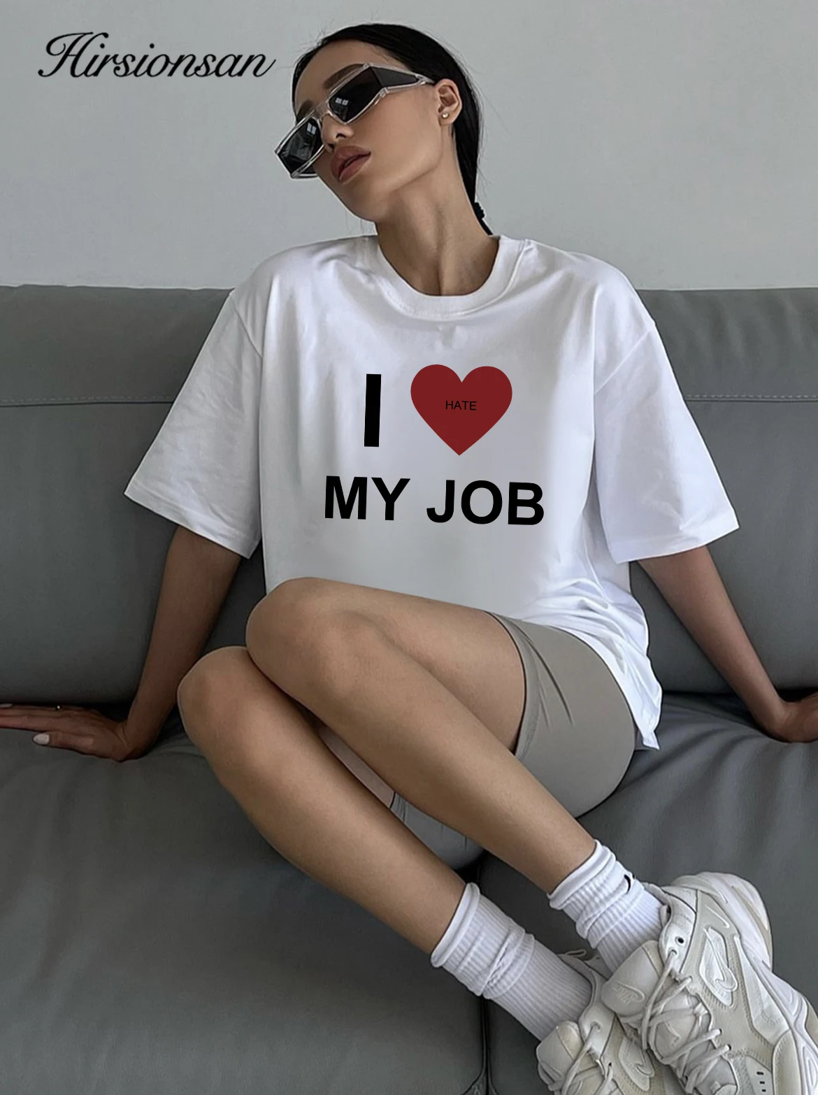 Hirsionsan I Love My Job Letter Printed T Shirt Women Summer Cotton Soft Short Sleeve Tee Female Oversized Higt Street Tops