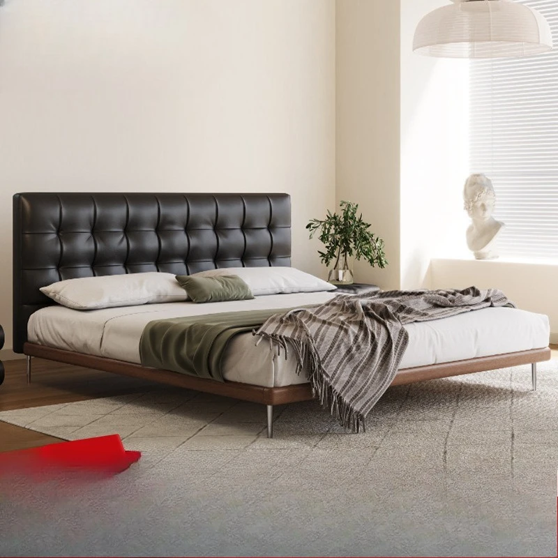 Master bedroom Italian retro leather bed, modern simple black, medieval thin bed