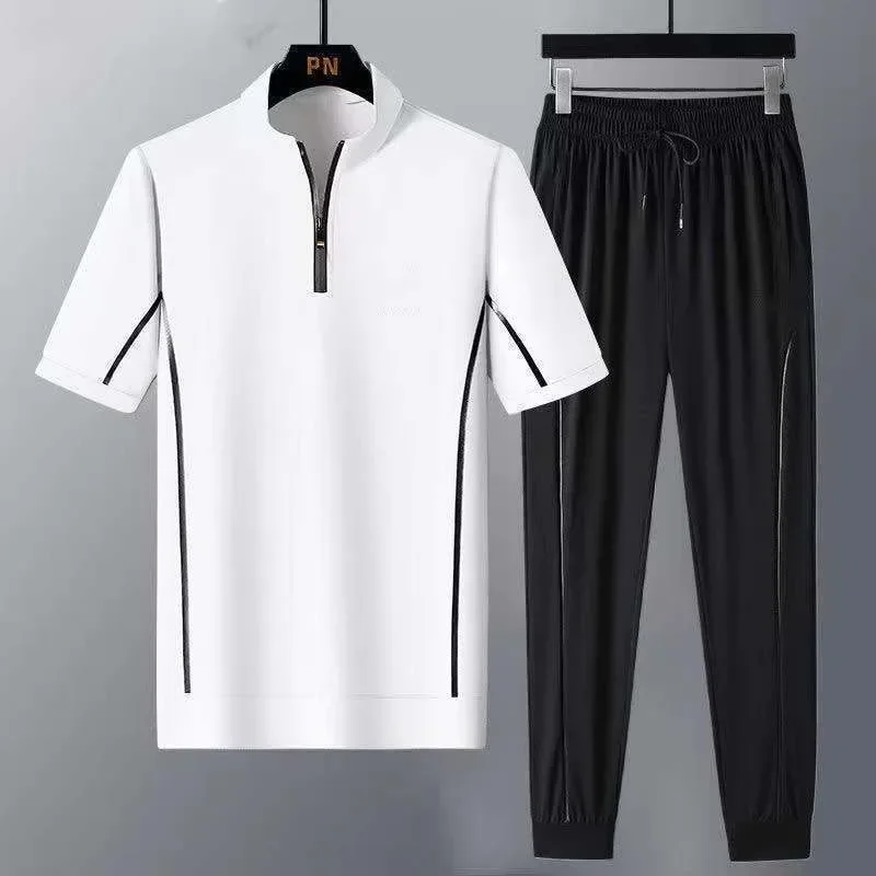 2026 Summer New Fashion Ice Silk Short Sleeve T-shirt for Men Casual Relaxed Comfortable Breathable Large Size Two-Piece Set 7XL