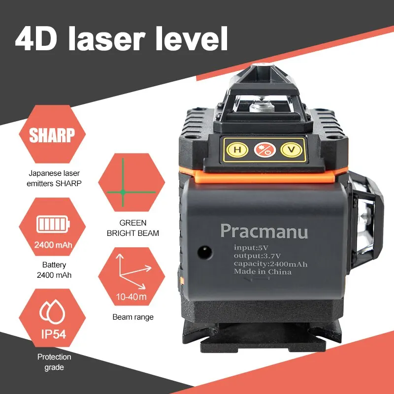 Pracmanu 16 Lines 4D Laser Level Auto Self-Leveling Horizontal And Vertical Cross Line Laser Level Super Powerful Green Beam