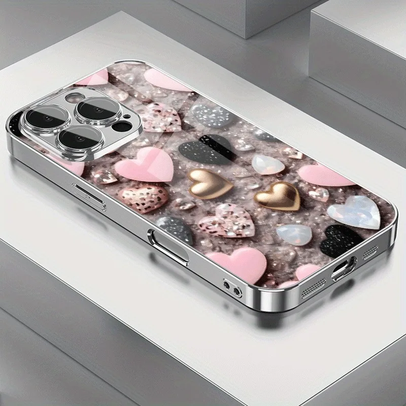 

Cute Love Heart Pattern Glass Electroplated Silver Phone Case For iPhone 17 Pro Max 16 15 Plus 14 13 12 11 Pro 16E 17Air Cover