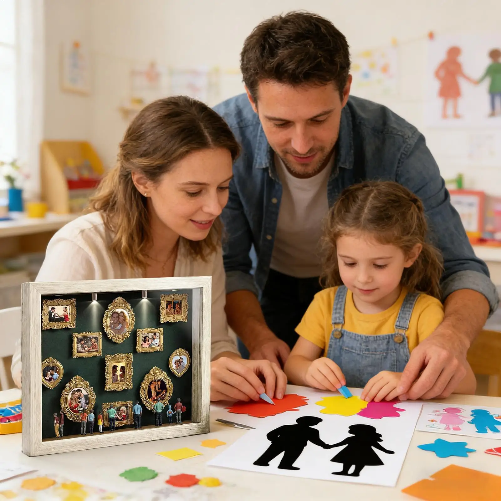 Mini Museum Silhouette Box Memory Photo Display Case with LED Light 11 Pieces Miniature Picture Frame with 8 Figurines for Home