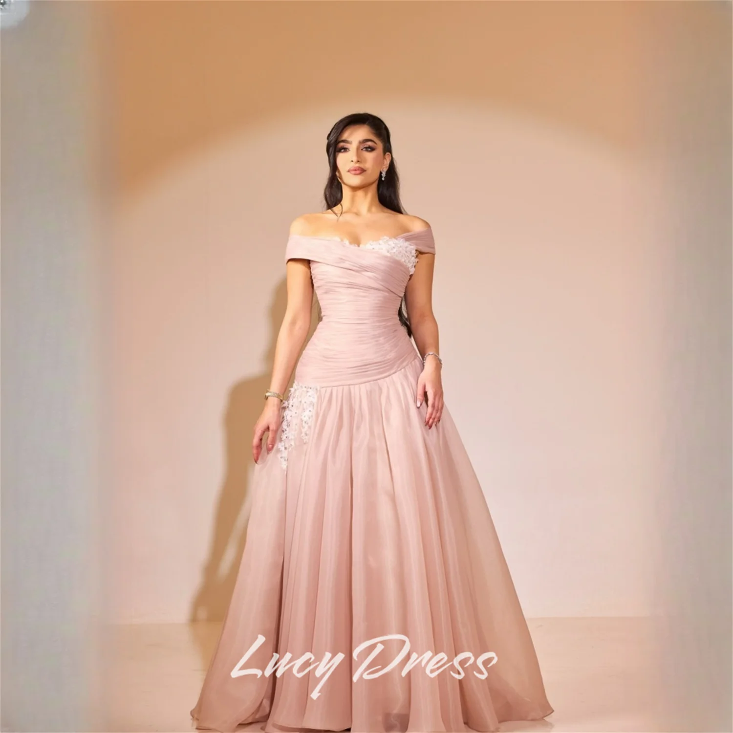 

Вечернее платье Lucy из шифона с открытыми плечами, розовое, А-силуэта, выпускное платье 2026 года, кружевное, элегантное, для торжественных мероприятий, Robes de Soiree