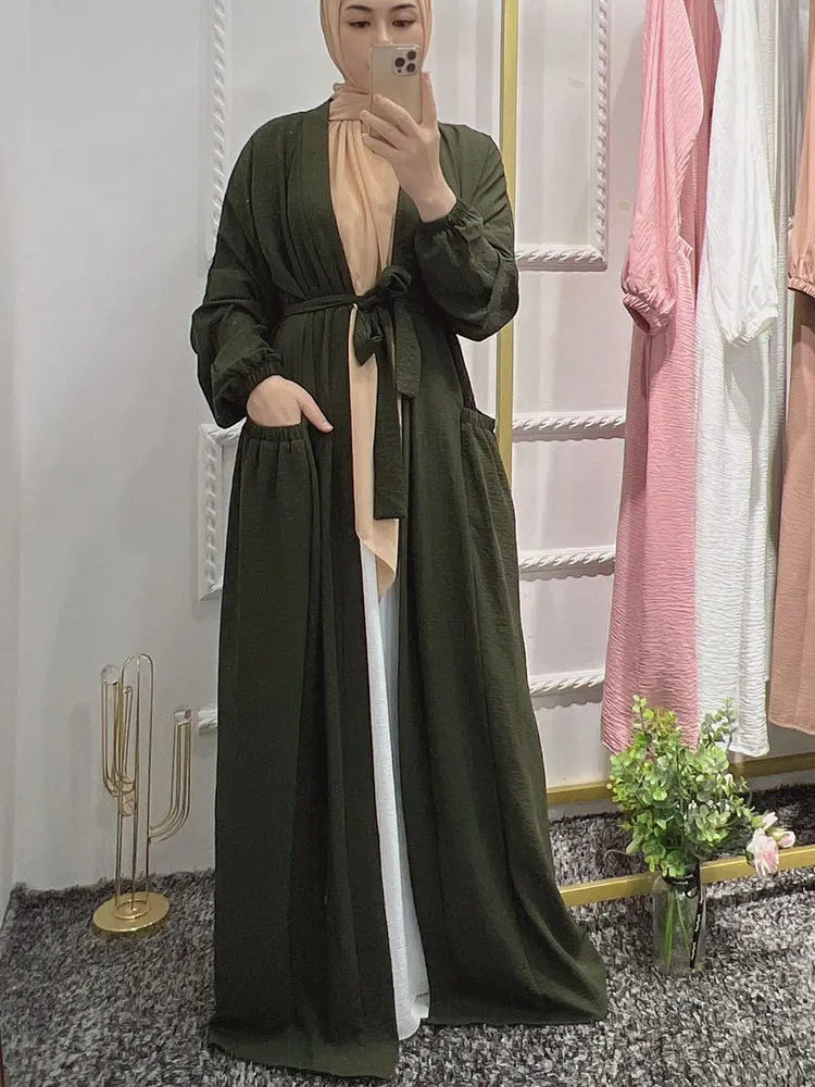 

Eid Open Abaya Women Summer Crinkle Fabric Belted Cardigan Muslim Kimono Hijab Long Dress Islam Dubai Turkey Modest Abayas 2022