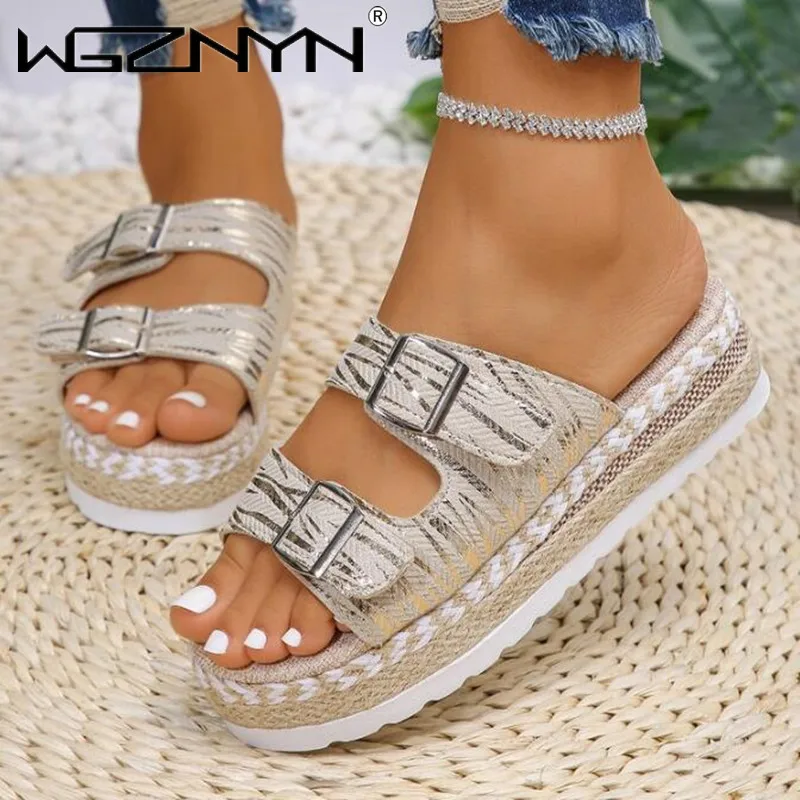 New Luxury Designers Women Fashion Buckle Strap Slippers Ladies Platform Slipper Woman Mid Heel Platform Thick Bottom Flip-flops