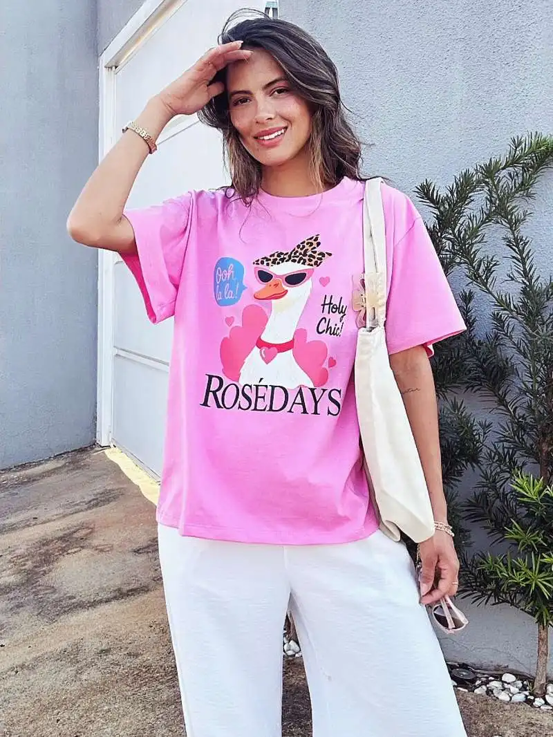 Retro American Vintage Summer Cute Duck Print Spicy Girl Loose Pure Cotton Pink Short Sleeve T-Shirt Women's Fashion Casual Wear