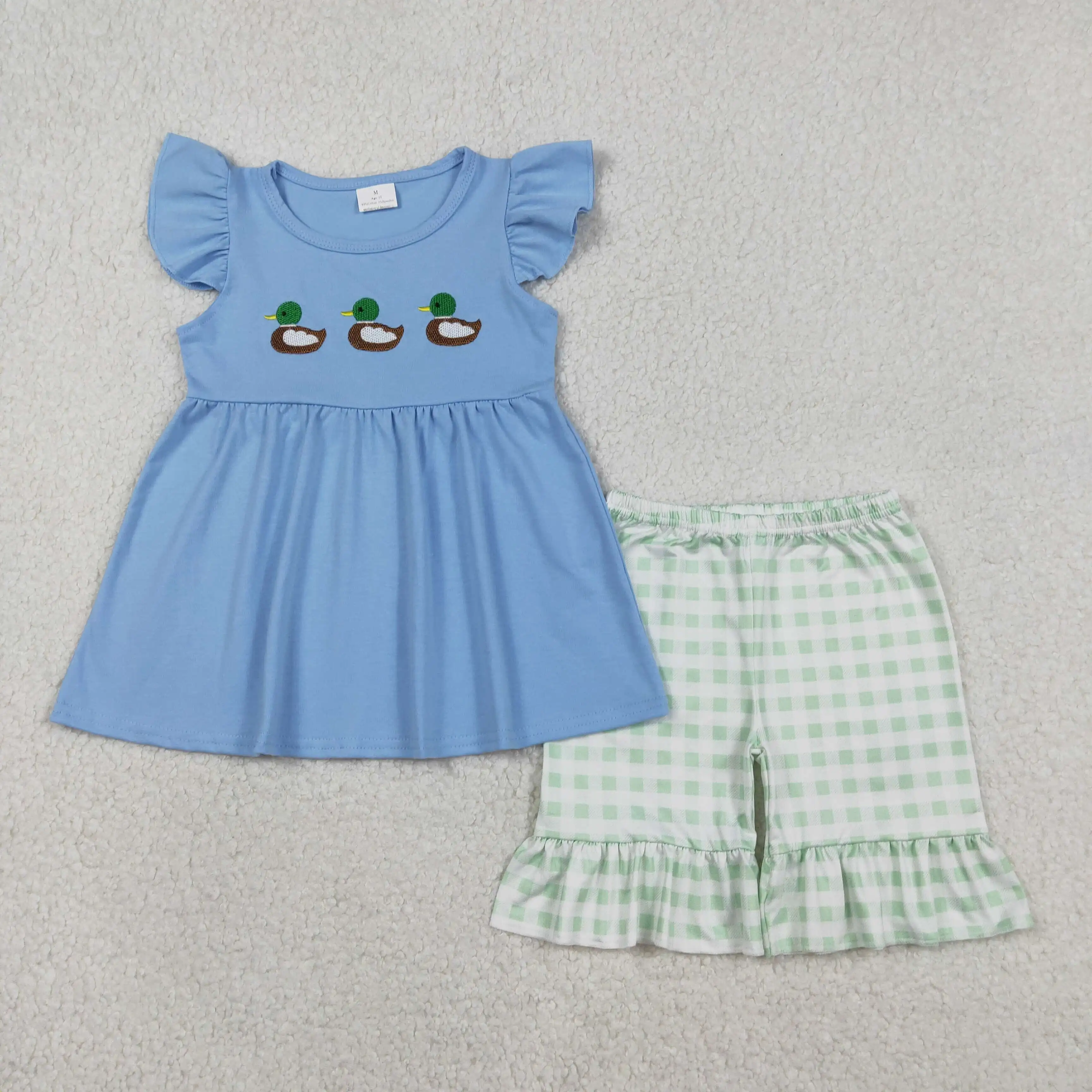 

z1226-12 GSSO2728 Wholesale Boutique kids clothes girl embroidery duck flying sleeve shorts Set Summer Children clothing