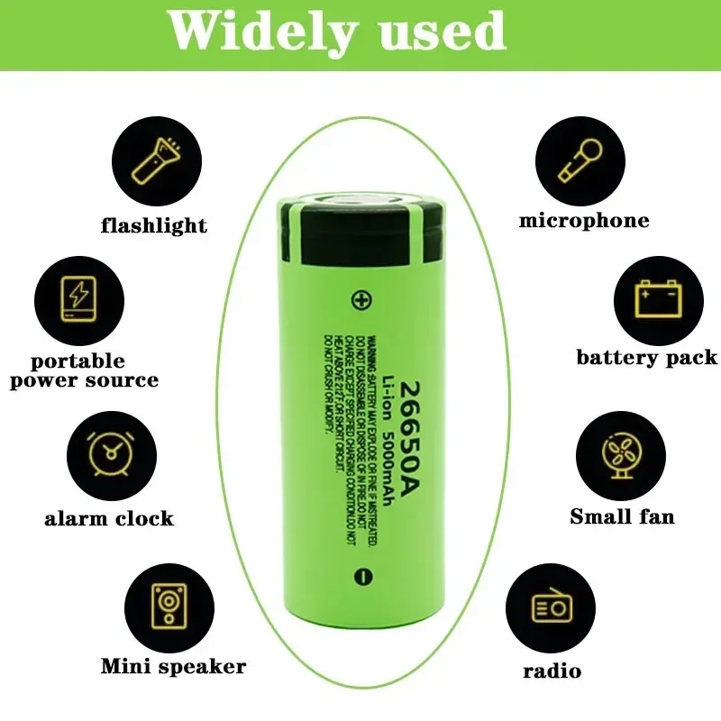 Brand New 100% Original 26650 20A Rechargeable Lithium Battery 26650A, 3.7V 5000mAh Large Capacity Suitable for Flashlights