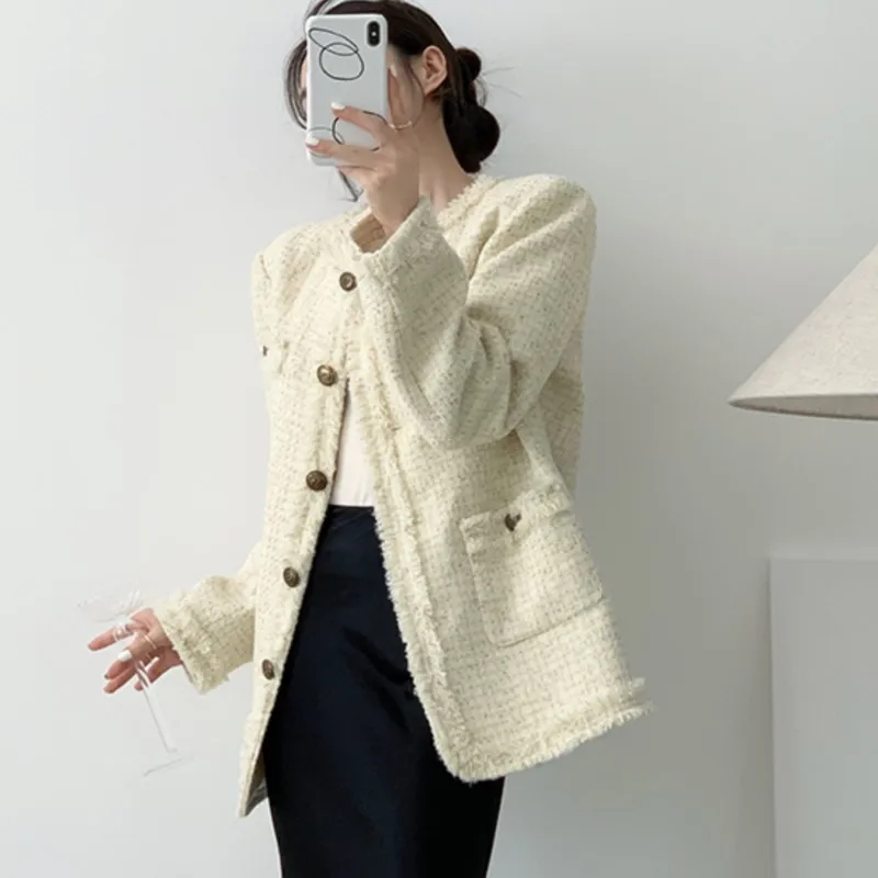 

Beige Women's tweed jacket fragrance, autumn/winter jacket, plaid short top, new One piece classic jacket