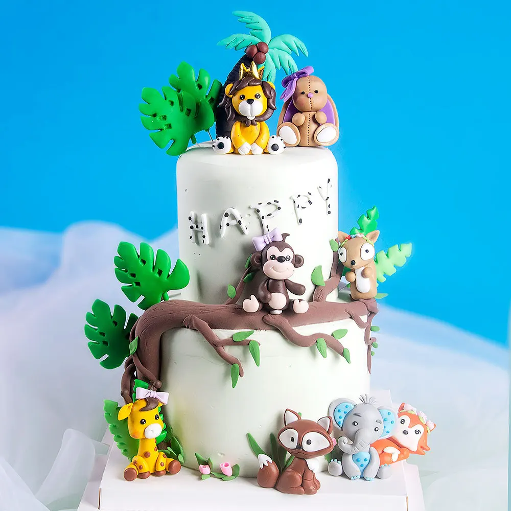 Cartoon Woodland Animal Cake Topper Cute Soft Pottery Forest Jungle Safari Dinosaur Cupcake Decor 1st Birthday Party Favor