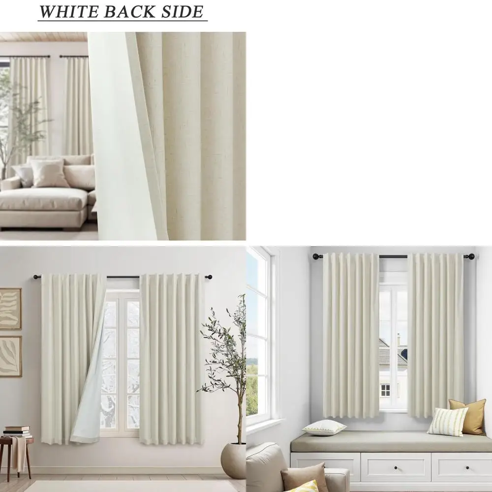 

Бежевые плотные шторы из льна и льна размером 52x54 дюйма, изолированные для летнего тепла, комплект из 2 панелей для спальни или кухни