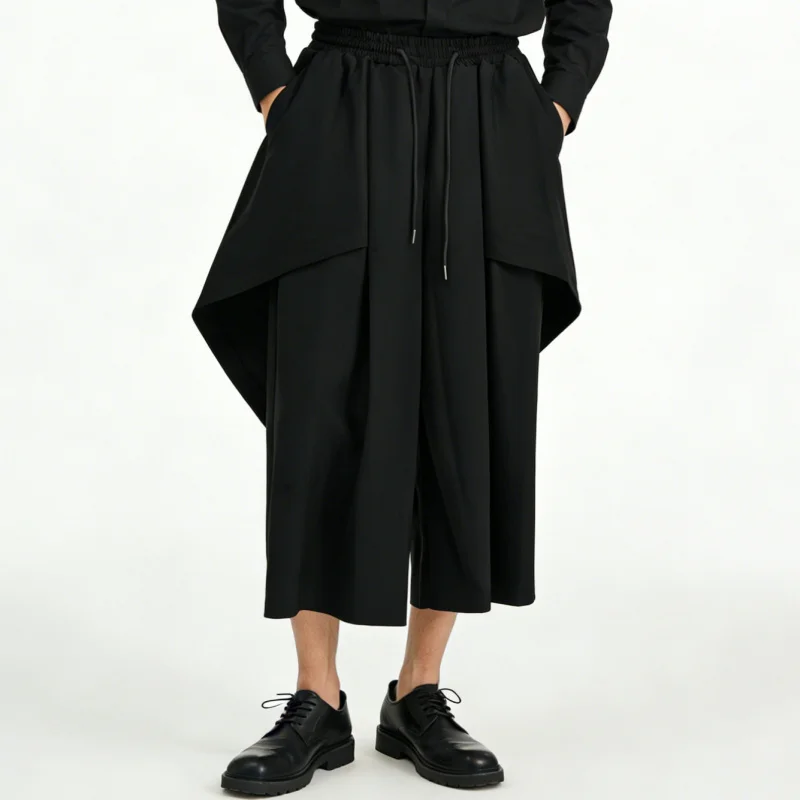 Men's Casual Pants, Faux Two-Piece Irregular Skirt-Pants, Loose High-Waisted Nine-Point Wide-Leg Pants 23710