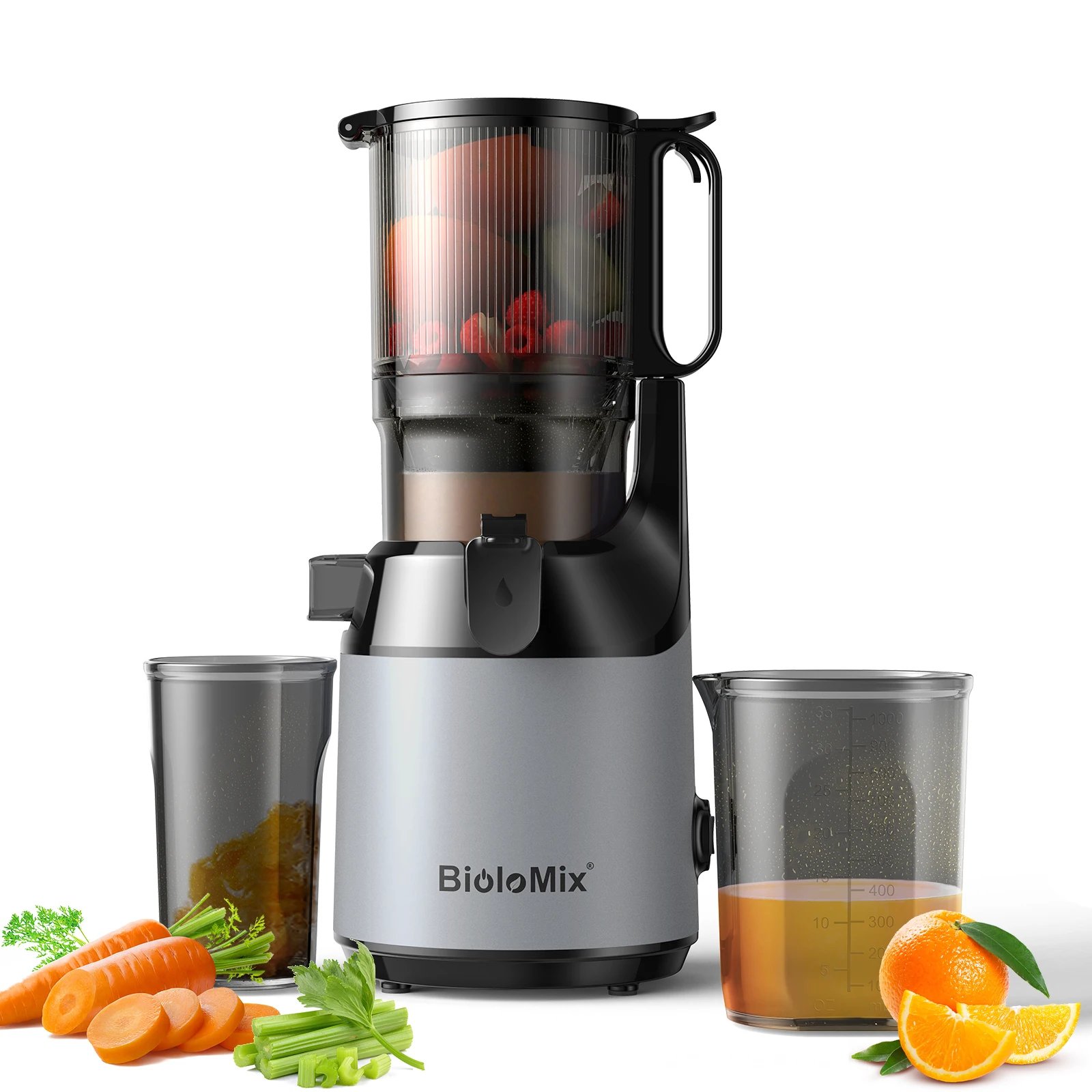 BioloMix koude pers-sapcentrifuge, met 130 mm invoergoot, geschikt voor hele groenten en fruit, hoge sapopbrengst, BPA-vrije langzaam kauwende sapcentrifuge