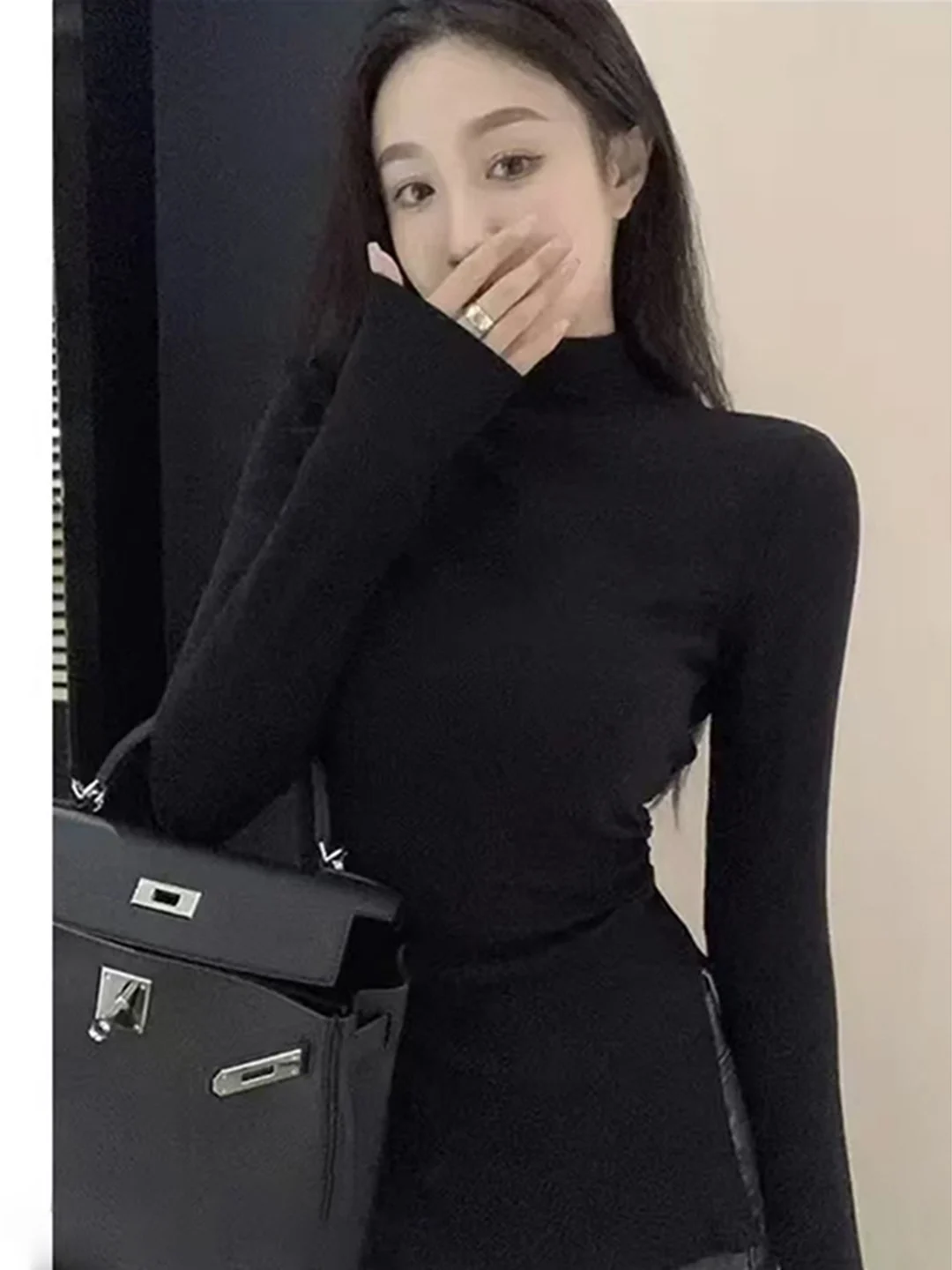 Thiened Long Sve Base irt Roupa interna de inverno feminina f gola alta design de emagrecimento Split Dervo Long irt