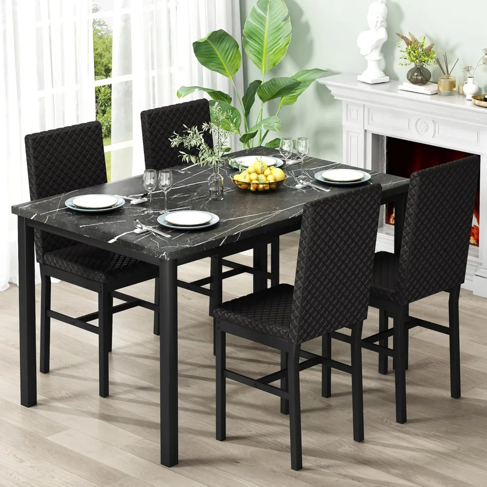 

Dining Table Set for 4, Kitchen Table and Chairs Set of 4, Faux Marble Dinner Table Set with 4 Upholstered PU Leather Chairs