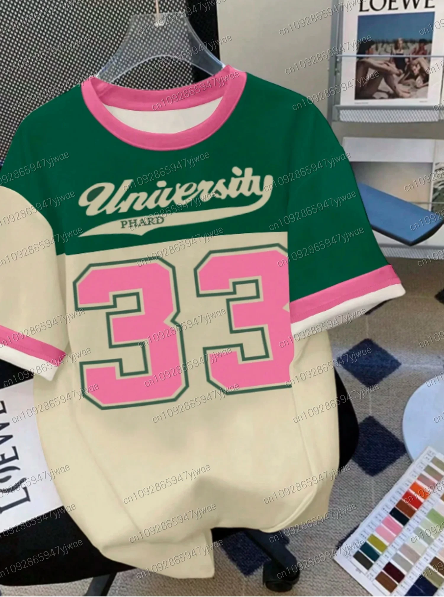 Camiseta de talla grande para mujer de verano 2025, camiseta deportiva a rayas con cuello redondo y manga corta con estampado NO.33