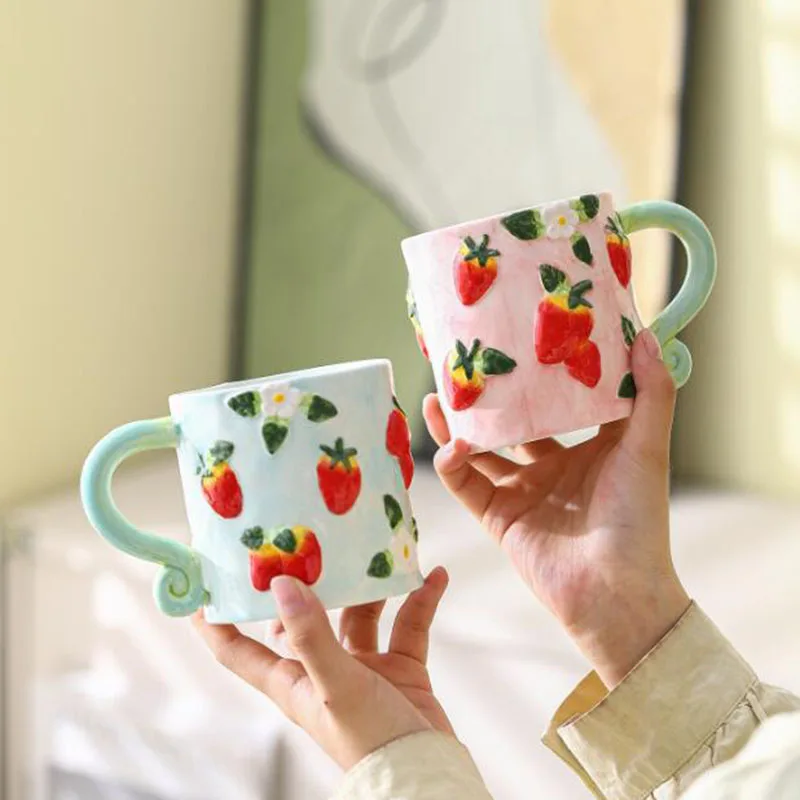 Porcelain Strawberry Pattern Pink Color Coffee Mug Big Capacity Breakfast Mlik Cup Household Kitchen Drinkware 475ml