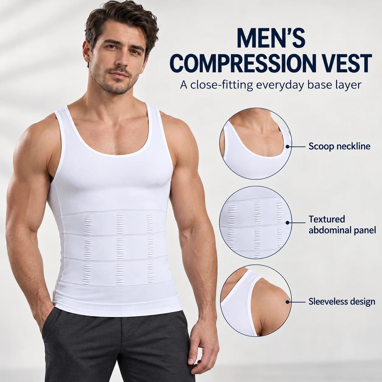Men's Compression Body Shaper Vest Seamless Polyester Knit Tank Top Belly Control Undershirt in Black White M L XL XXL