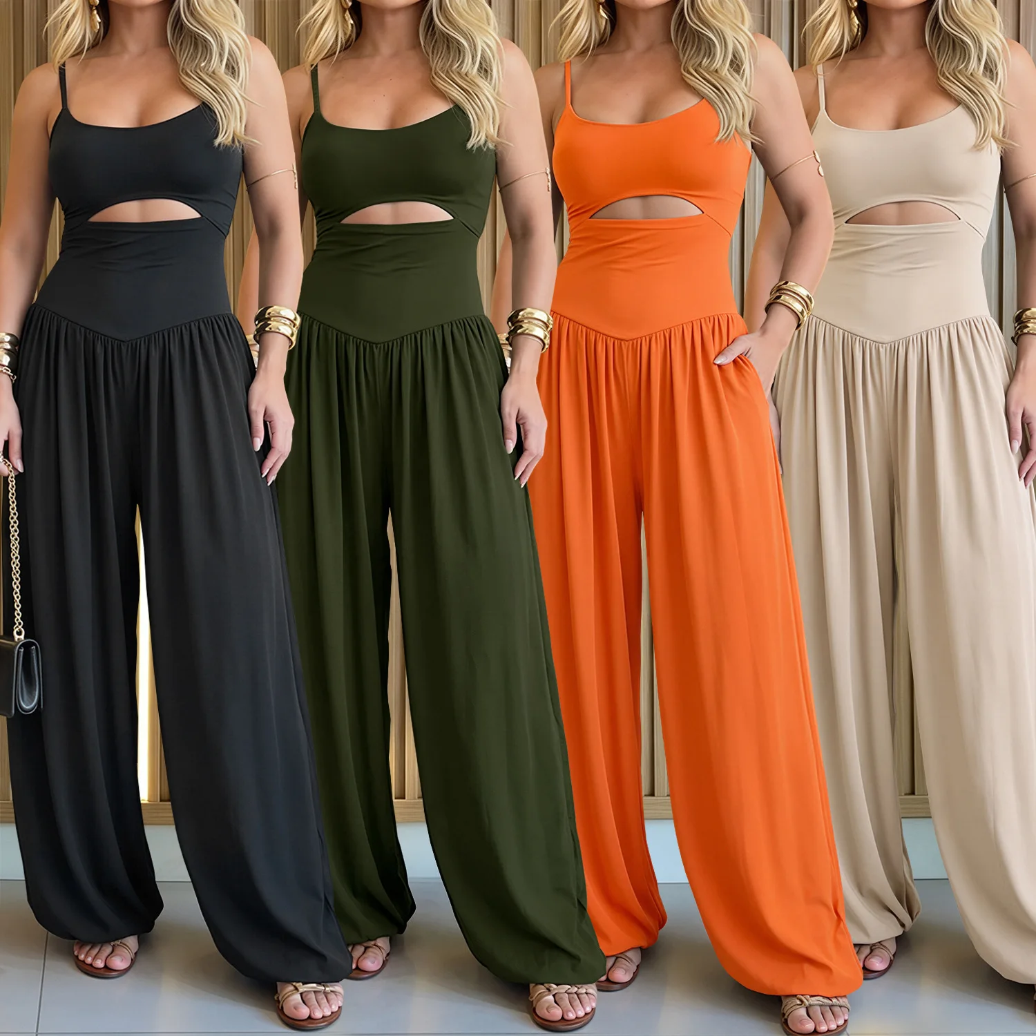 C78072026 New Women's Lay Off Hollow Wide-leg Long Pants. Multicolor Random Vacation Jumpsuit Prom Bandage Lace