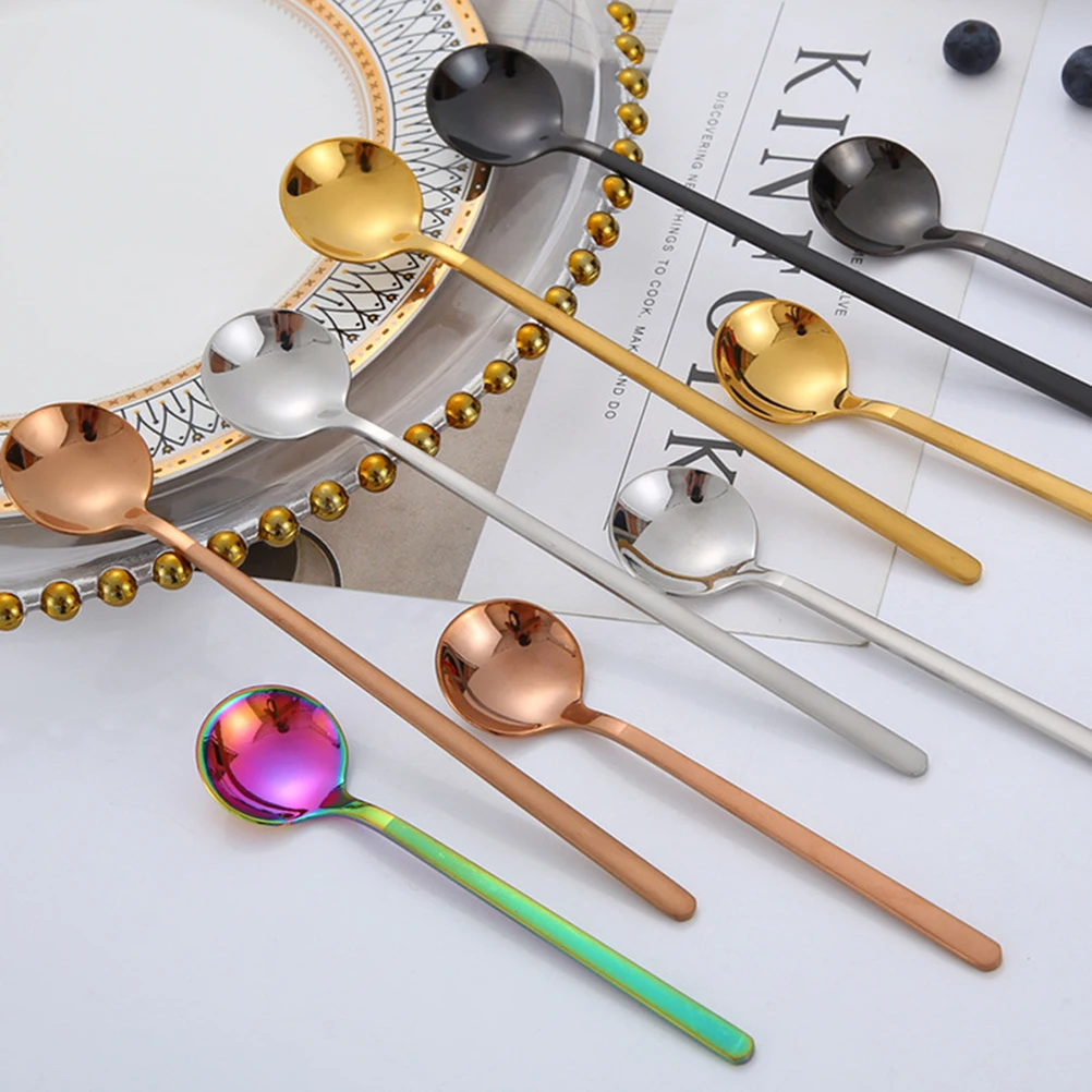 

6 Pcs Coffee Spoon Teaspoon Mini Round Mixing Spoons Long Handle Stainless Steel Stirring Serving Utensils
