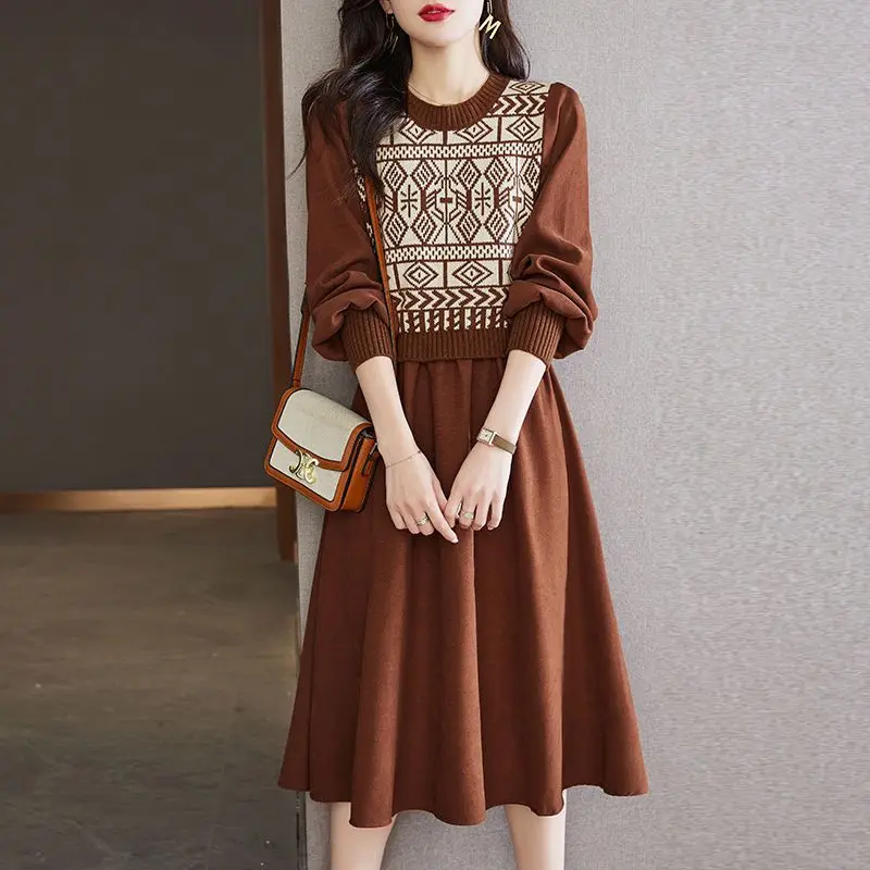 

Fashion O-Neck Knitted Spliced Fake Two Pieces Casual Dresses Women's Clothing 2023 Autumn Winter Loose Office Lady Midi Dress