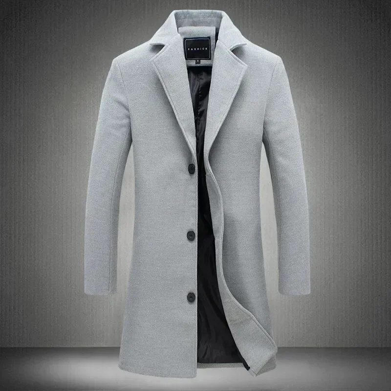 

Men's Woolen Coat Jacket Long Cotton Windbreaker Single Breasted Lapel Casual Overcoat Plus Size Fashion Wool Blend Color