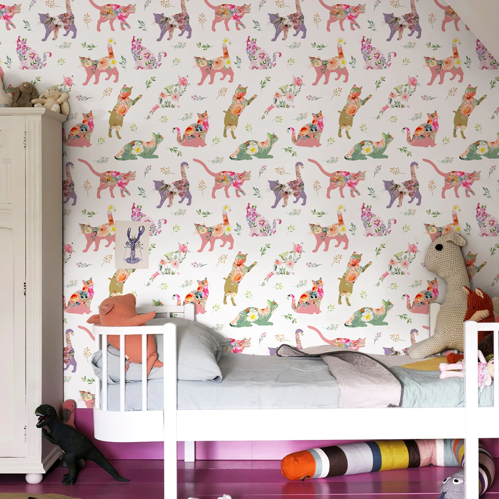 Papel tapiz Floral de gato rosa, decoración de pared de dibujos animados elegante, autoadhesivo, impermeable, pegatina para gabinete