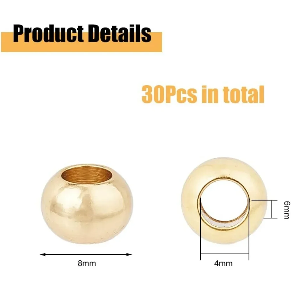 30Pcs Stainless Steel Round Beads 8mm Golden Ball Spacer Large Hole European Seamless Round Spacer  for DIY