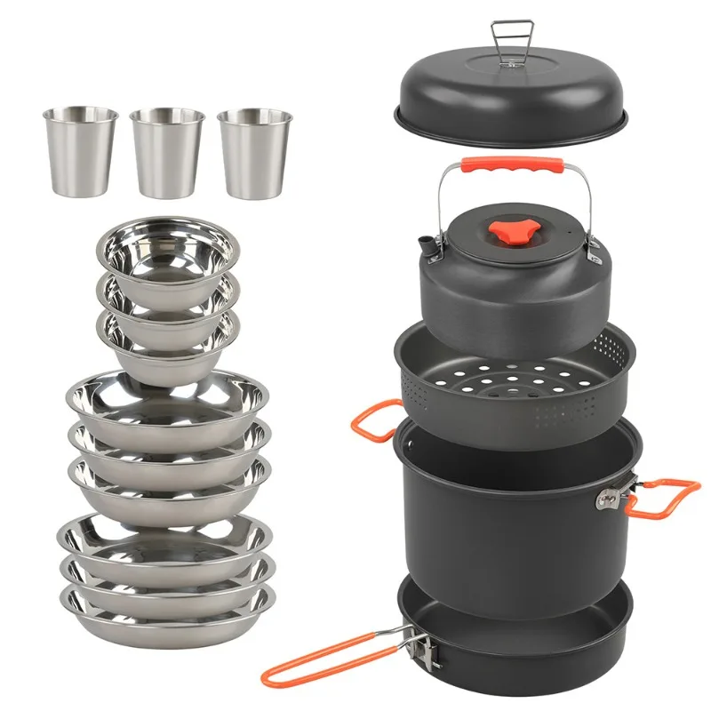 

Outdoor camping set pot, stainless steel plate, stainless steel water cup and bowl combination