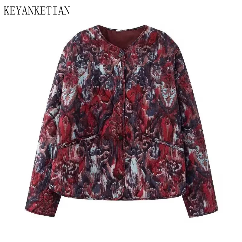 

KEYANKETIAN, новая зимняя женская одежда, однобортная хлопковая куртка с круглым вырезом и принтом животных, с вертикальным карманом, женское пальто