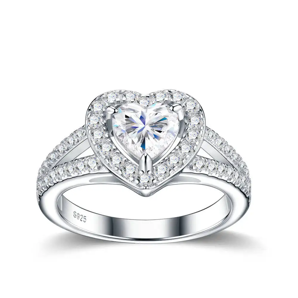 925 Sterling Silver 1CT Heart Double Halo Split Paved Ring D VVS1 Moissanite Multi Tone Engagement Fine Jewelry For Women