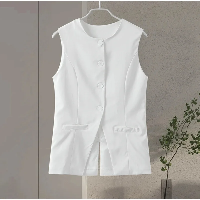 Elegant Sleeveless White Suits Two Piece Set Women 2024 Summer Buttons Suit And Shorts Office Laides 2 Piece Sets Femme Outfits