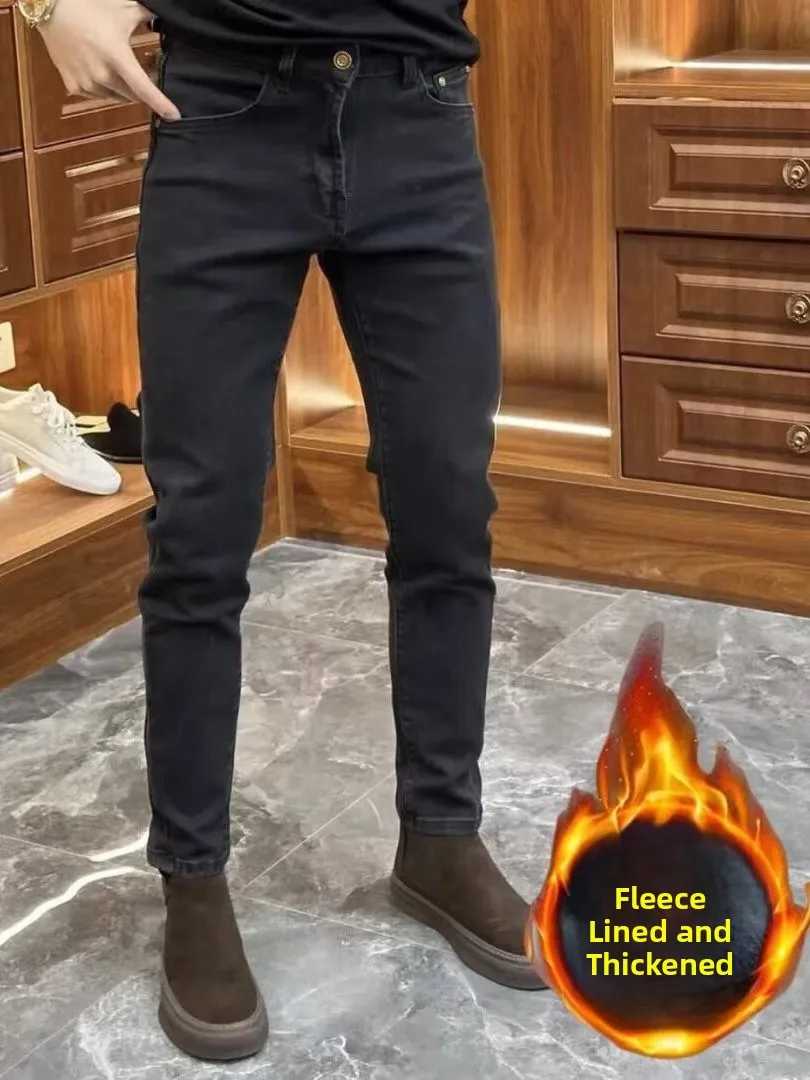 

Bla Fce Lined Jeans Men's Trendy Slim Fit Autumn Winter High End Vintage Color Waed Casual Long Pants