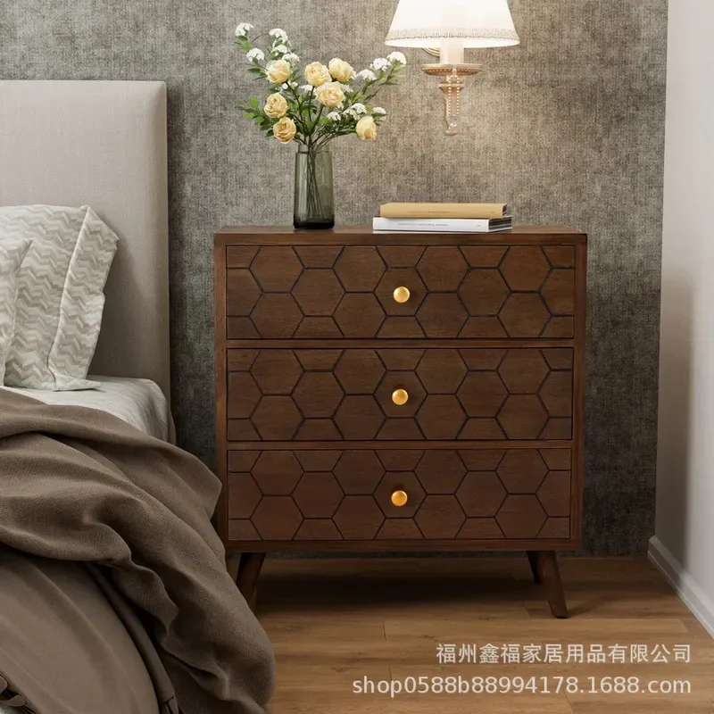 for New Custom European American Hot Selling Medieval Honeycomb Four Legged Bedside Table with Three Drawers