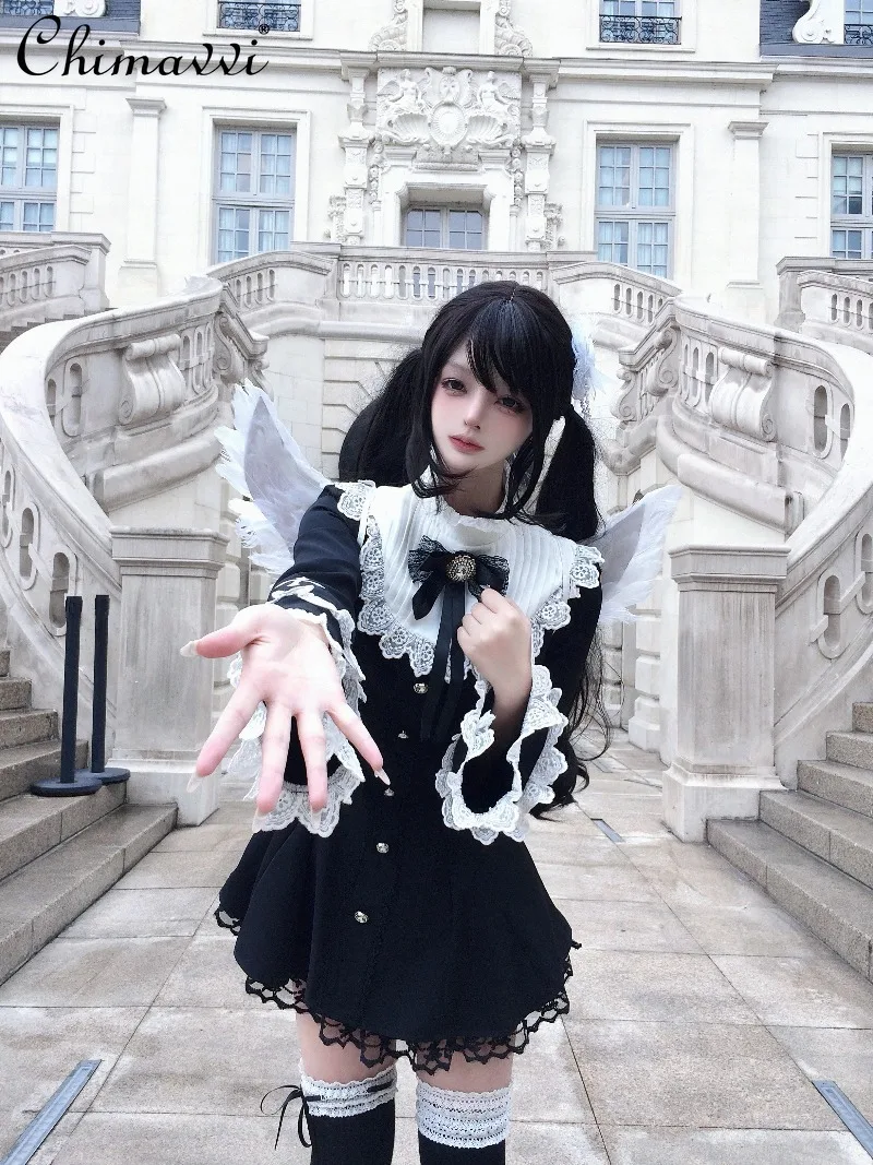 

Original Japanese Mass-Produced Lace Bell Sleeve Dress Set Subculture Long Sleeve Black Slim Top Shorts Girl Lolita 2Piece Set