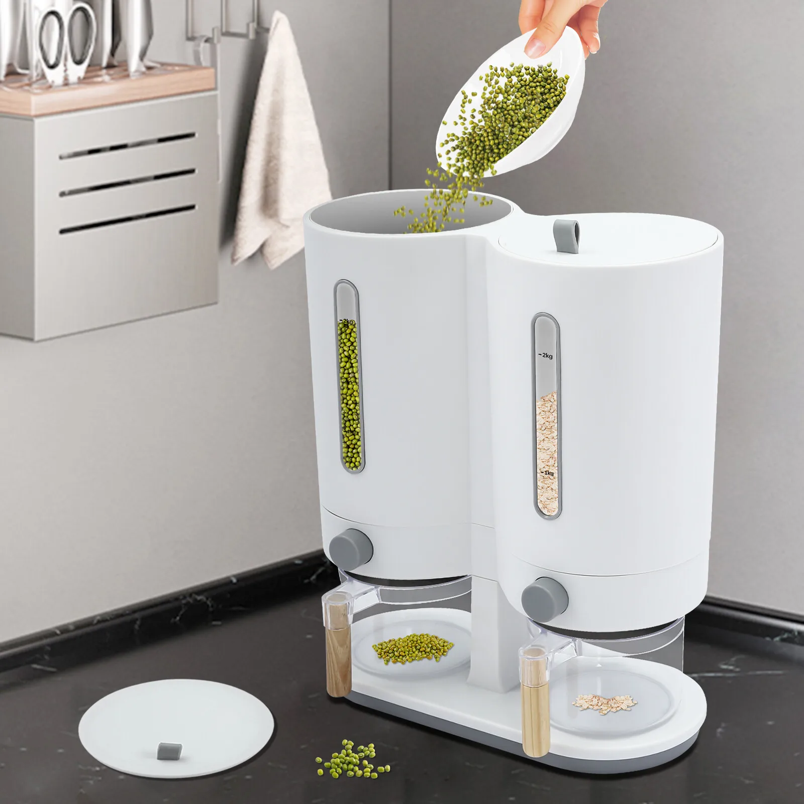 

Dual Rice Dispenser Large Capacity Dry Food Dispenser with2 Measuring Cups