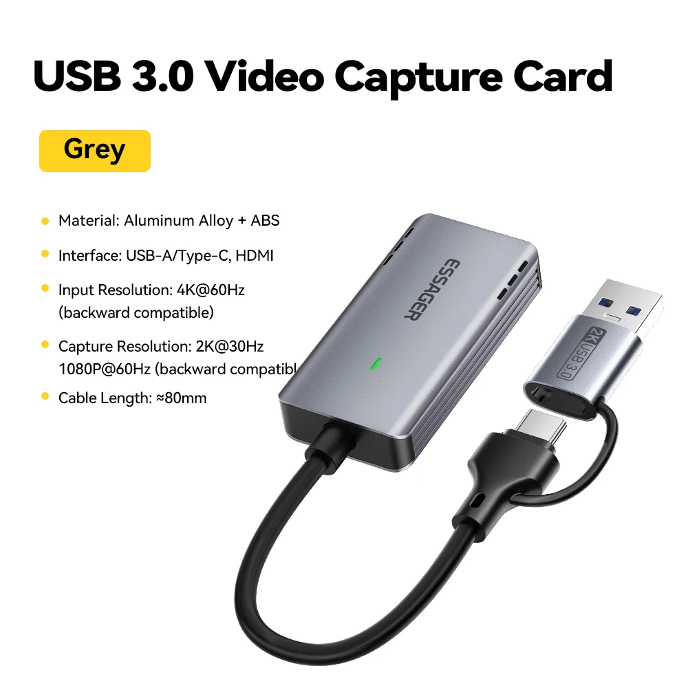 Essager Video Capture Card USB3.0 4K@60Hz HDMI-compatibel naar USB/Type-c Game Grabber Record voor Switch Xbox PS4/5 Live-uitzending