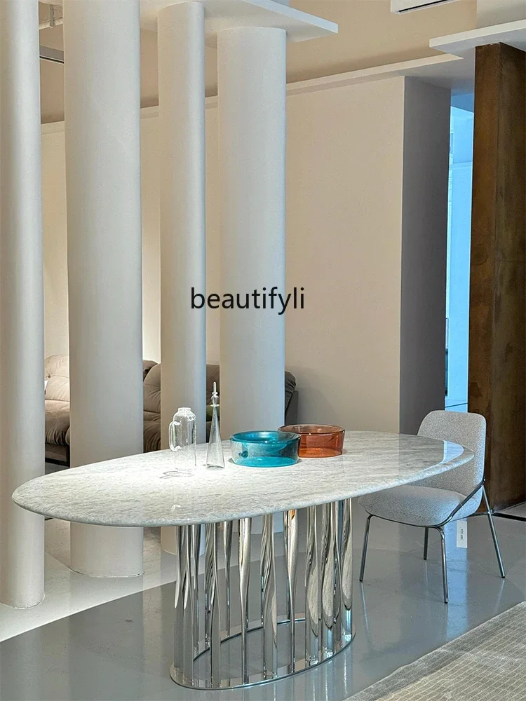 

Asmt56 Синий кристалл натуральный мрамор обеденный стол свет роскошный элитный дизайнерский овальный роскошный каменный обеденный стол для виллы