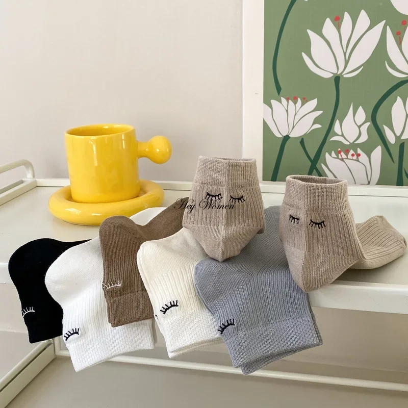 Women's Short Socks Eyelash Embroidered Shallow Mouth Low Cute Solid Color Combed Cotton Sweat Absorbing Breathable Sock