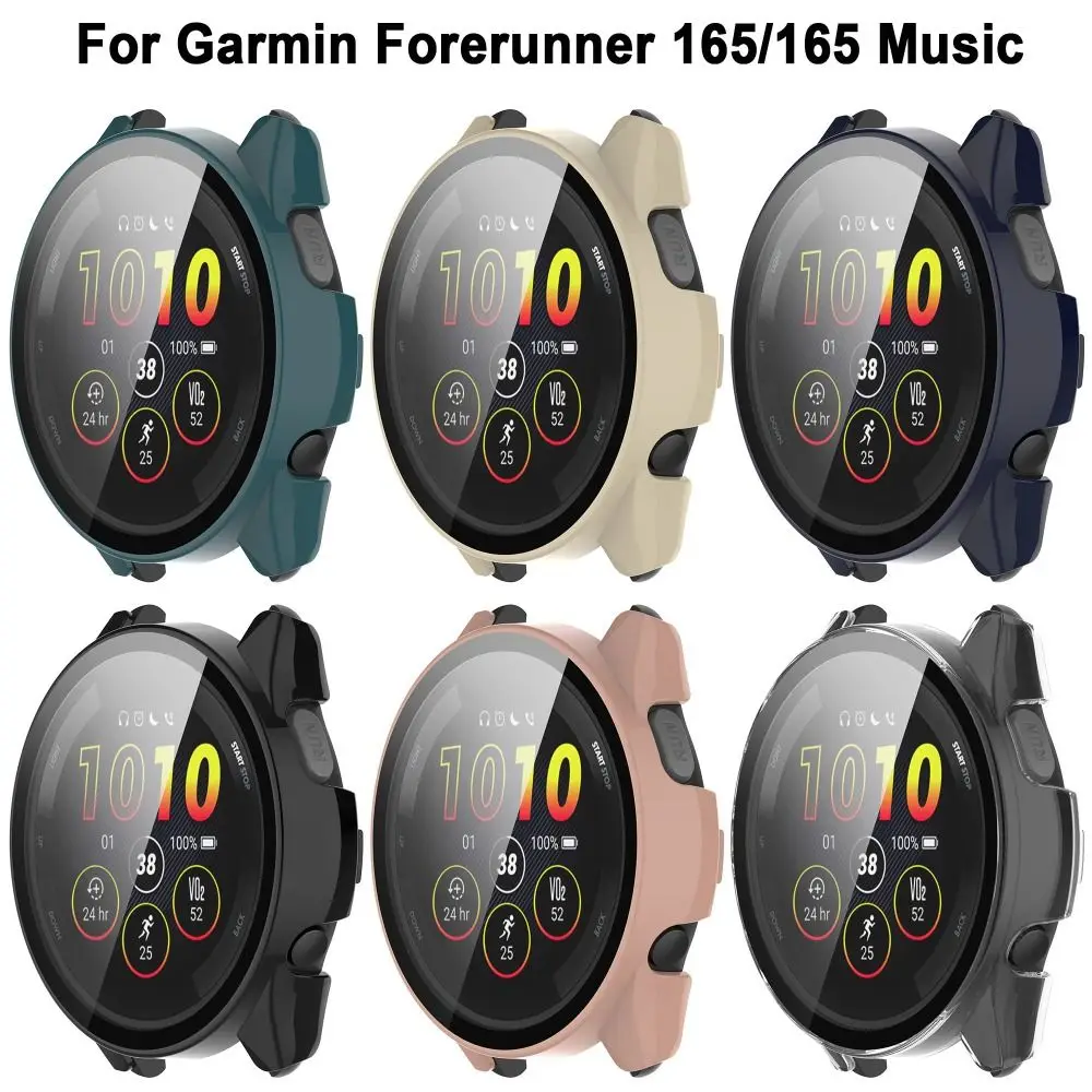 New PC+Tempered Protective Case Smart Watch Screen Protector Full Cover Hard Bumper Shell for Garmin Forerunner 165/165 Music