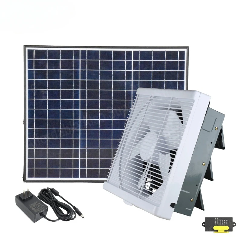 10'' Axial Flow Air Ventilation Fan Attic Louver Vent Tools Solar Panel Grid Electricity Dual Powered 30W HVAC Wall Exhaust Fan