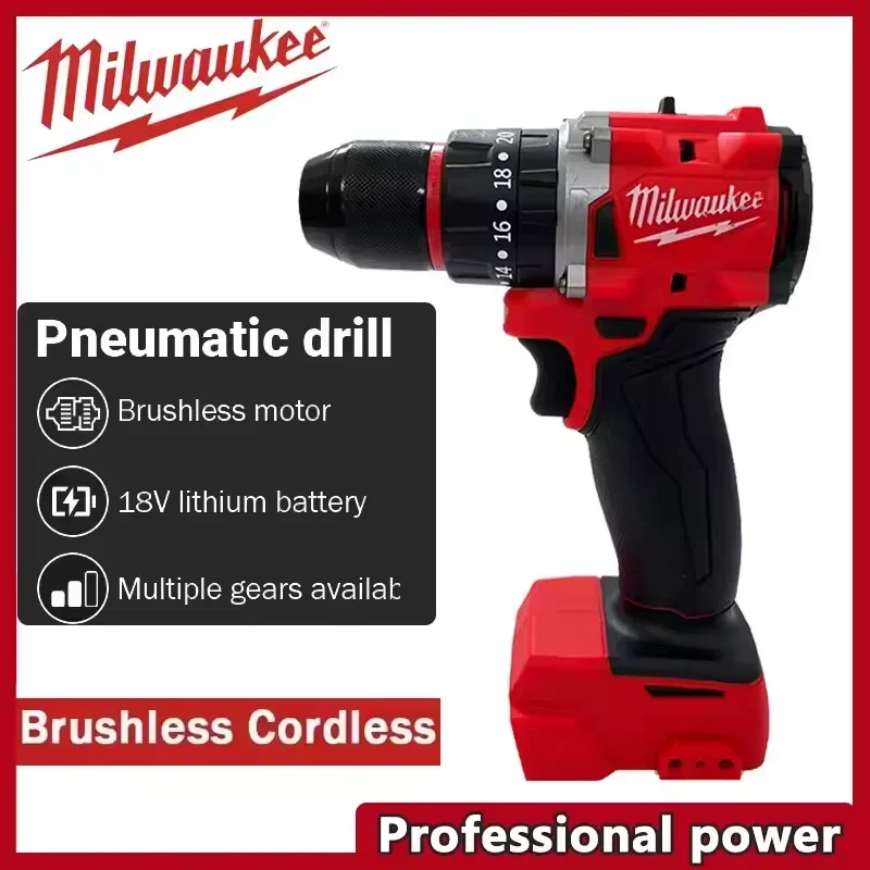 100% Milwaukee M18 Brushless Compact Hammer Drill, Light High-power Motor, Used for Daily Metal Wood Drilling Tools.