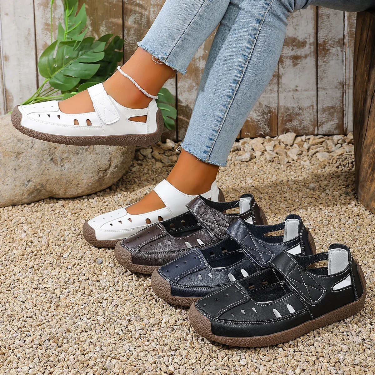 

Новые летние женские сандалии с перфорацией, закрытый носок, имитация кожи, регулируемая застежка на липучке, дышащие, удобные, на каждый день