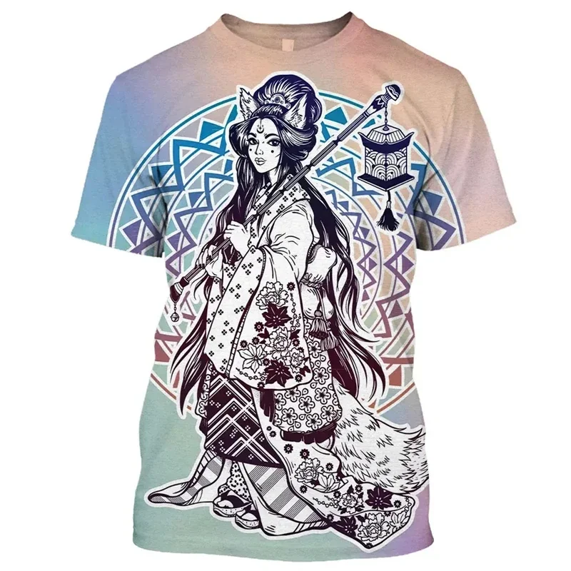 

2024 Summer New Japanese Geisha Samurai 3D Printed Pattern Y2K T-shirt Fashion Casual Short-sleeved Plus Size Loose Top