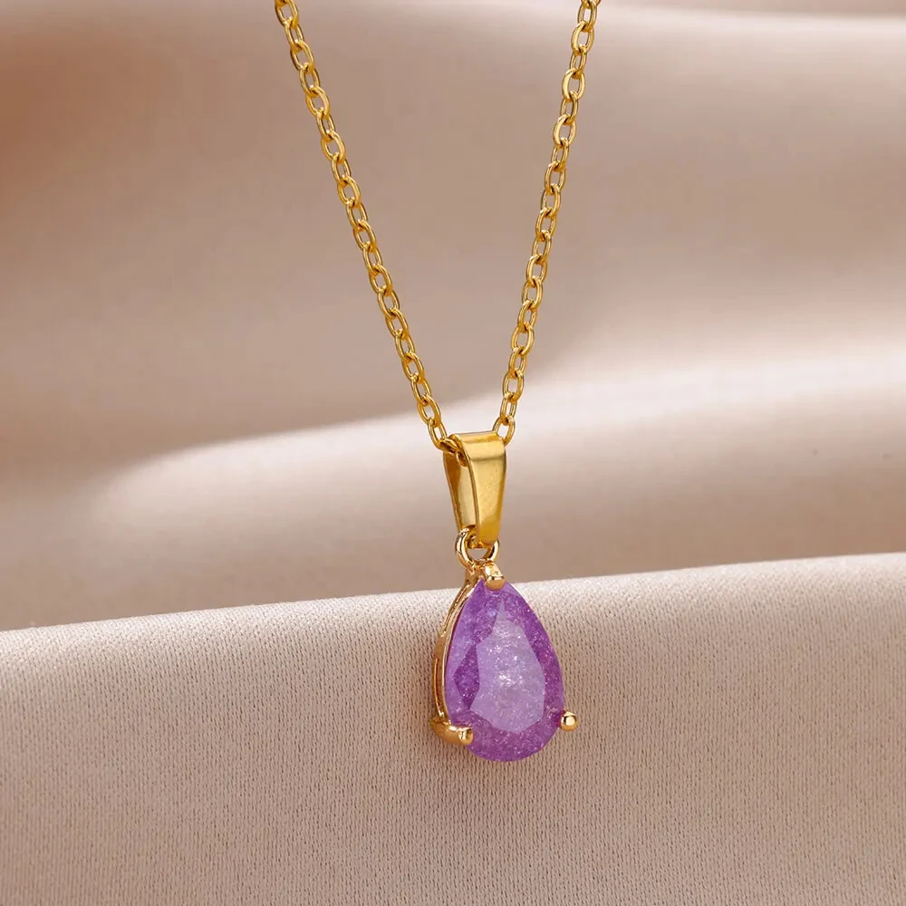 Zircon Teardrop WaterDrop Necklaces For Women Gold Color Stainless Steel Necklace Luxury Jewelry Wedding Christmas Gift Femme