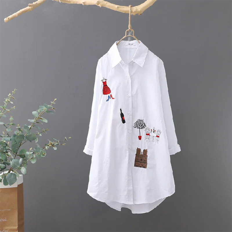 NEW White Shirt Casual Wear Button Up Turn Down Collar Long Sleeve Cotton Blouse Embroidery Feminina HOT Sale T35523M