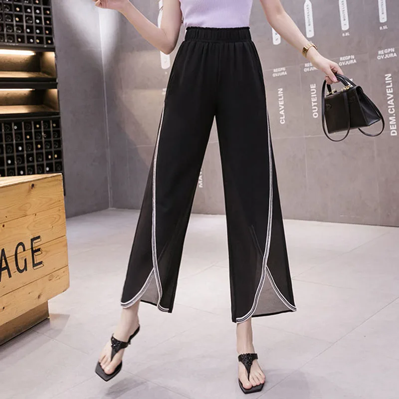 

MEXZT Fashion Chiffon Office Lady Split Wide Leg Pants Summer Women Loose Solid Casual Korean High Waist Elastic Y2k Pants New